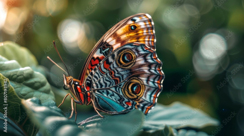 Poster Macro shot of a butterfly resting delicately on a leaf, its wings adorned with intricate patterns and vibrant colors.