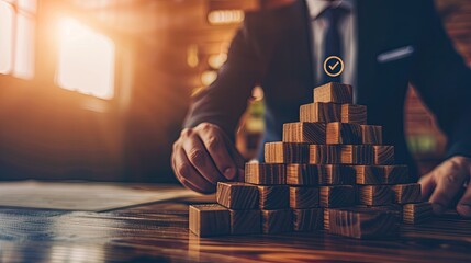 a businessman's hand placing a wooden block on a step leading to a building structure, adorned with a target icon, symbolizing strategic advancement and progress within a business plan framework.