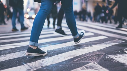 Traveler crossing a busy intersection, close-up on feet and crossing signal, blur of city motion 
