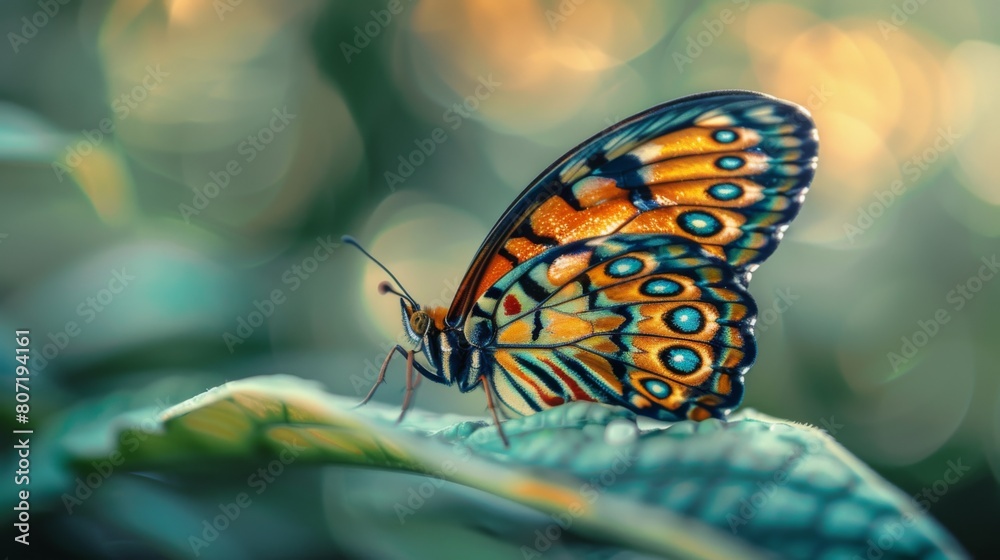 Poster Macro shot of a butterfly resting delicately on a leaf, its wings adorned with intricate patterns and vibrant colors.
