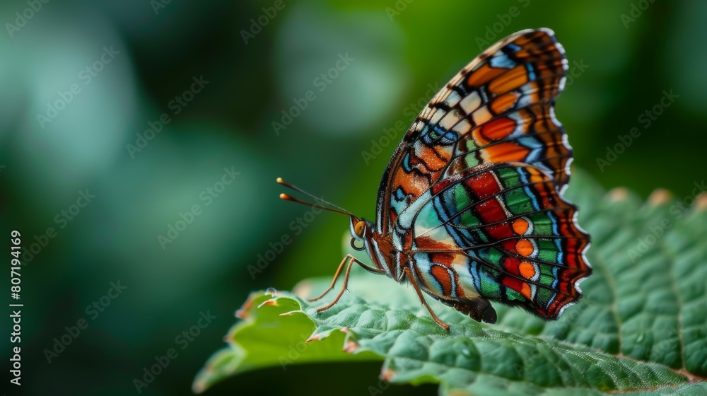 Poster Macro shot of a butterfly resting delicately on a leaf, its wings adorned with intricate patterns and vibrant colors.