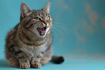 Cute tabby cat on color background, closeup,  Space for text