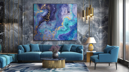 Blue and purple abstract painting in a modern living room interior, with marble walls, blue velvet sofa, and gold accents, conveying luxury and elegance, in the style of contemporary abstract art.