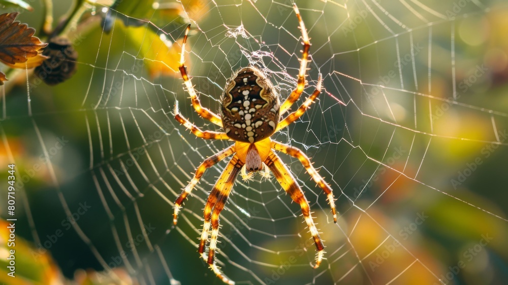 Poster macro shot of a spider weaving its intricate web among the leaves, capturing the beauty and complexi