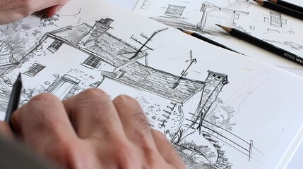 Solo tourist sketching an old countryside cottage, close-up on pencil and paper, charming architecture 