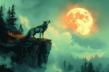 Wolf on the cliff against the background of the moon and the forest