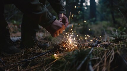 Obraz premium Solo traveler lighting a campfire near a forest, close-up on sparking flint and tinder, twilight setting 