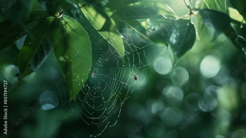 Poster Macro shot of a tiny spider spinning its web between two leaves, weaving intricate patterns with silk threads in the forest canopy.
