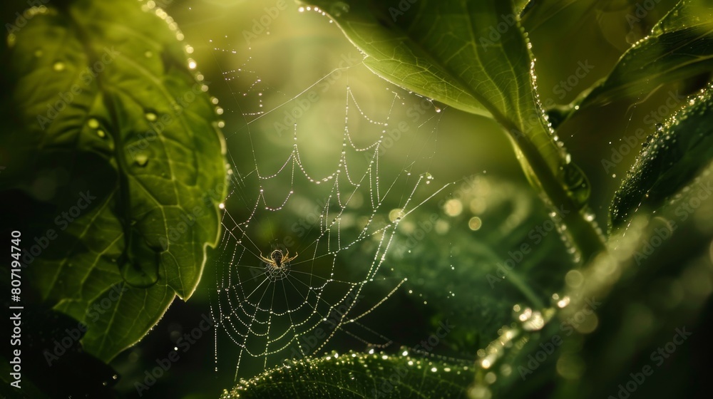 Leinwandbilder Macro shot of a tiny spider spinning its web between two leaves, weaving intricate patterns with silk threads in the forest canopy.