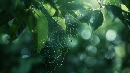Macro shot of a tiny spider spinning its web between two leaves, weaving intricate patterns with...