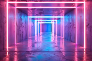 Pink and blue neon lights in a dark hallway