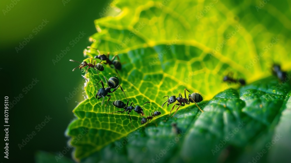 Poster macro shot of ants crawling on a vibrant green leaf, showcasing their industrious nature and intrica