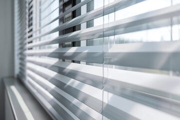 Obraz premium Wooden blinds on large windows, sunlight. Elegant living room interior with houseplants, wood blinds. Motorized jalousie in the smart house. Modern window shutters, roller. Duo system day and night.