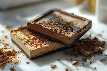 Creamy chocolate bars with cocoa powder on table, closeup