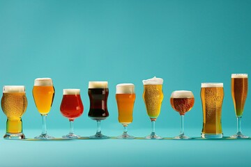 Many glasses of different beer on a turquoise background with copy space