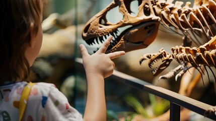 Family at a museum, close-up on child's hand pointing at a dinosaur exhibit, awe and curiosity