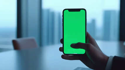 hand holding smartphone with blank green screen in the office. Ideal for themes related to app development, smart home technology, or urban living