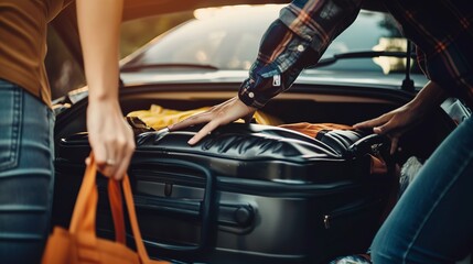Parents packing up the car for a road trip, close-up on hands organizing luggage, anticipation of adventure 
