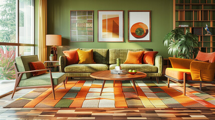 Retro inspired living room interior with green walls, orange accents and colorful rug