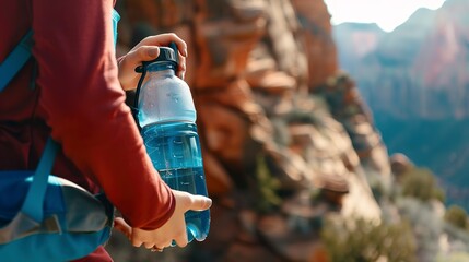 Traveler drinking from a reusable water bottle, close-up on hands and bottle, natural scenic backdrop