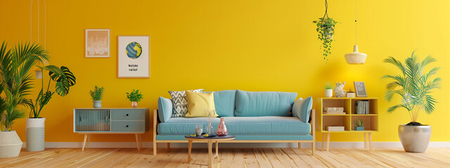 Blue couch in bright yellow room with plants and decorations, interior design, 3d rendering