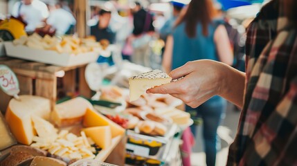 Solo traveler tasting artisan cheese at a local market, close-up on hands holding a cheese slice, sensory exploration 