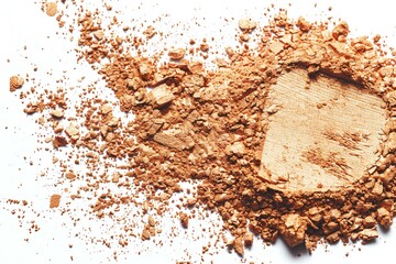 Crushed eyeshadow palette isolated on white background,  Top view