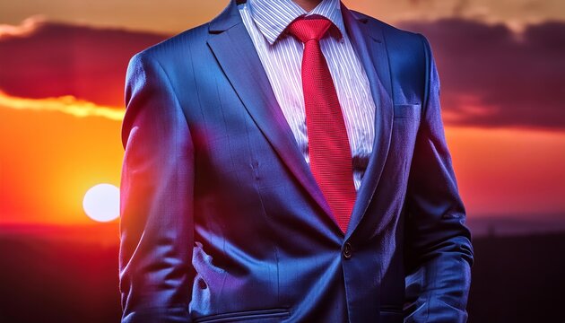 Close-up of a businessman in a blue suit and red tie against a vibrant sunset, exuding professionalism and determination.