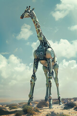 Naklejka premium The image shows a robotic giraffe standing in the middle of a desert. The giraffe is made of metal and has a long neck. The background is a clear blue sky with some clouds.