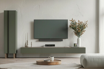 A minimalist living room interior with a TV, a coffee table, a sofa, and a rug in muted green and beige tones, with a textured wall in the background.