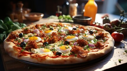 a pizza with meat cheese and broccoli on it