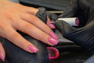 Close-up manicure process, female hands painting nails