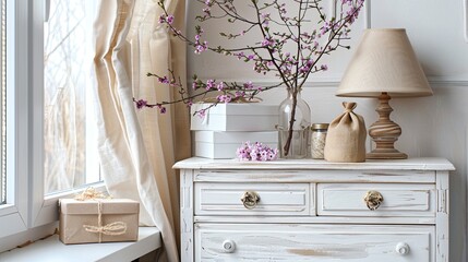 a white chest of drawers adorned with a bottle of pink flowers, a stylish lamp, and gift bags and boxes with delicate white bows, set against the backdrop of a window framed by a beige curtain.