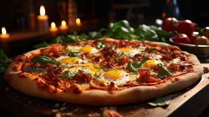 a pizza with meat cheese and broccoli on it