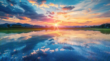 Reflection of a vibrant sunset in the calm waters of a flooded rice field, creating a mirror-like surface that mirrors the sky's beauty.