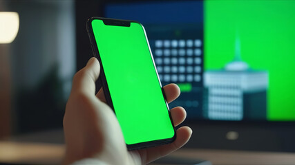 hand holding smartphone with blank green screen, backlit by a computer monitor showcasing a cityscape. Ideal for themes related to app development, smart home technology, or urban living