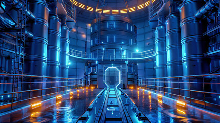 Futuristic Sci-fi Interior Of Spaceship With Glowing Blue Lights And Yellow Lights Reflecting Off Wet Floor