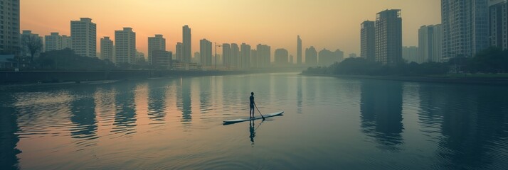 A lone paddleboarder glides over a serene river in an urban setting, under a hazy sunset sky