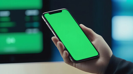 hand holding smartphone with blank green screen, backlit by a computer monitor. Ideal for themes related to app development, smart home technology, or urban living