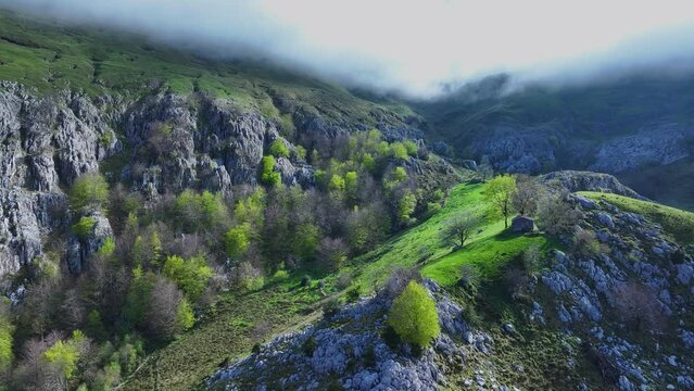 Cabins, meadows and beech forests in Los Machucos at 921 meters above sea level and communicates the villages of Bustablado and San Roque de Riomiera. Pasiegos Valleys, Cantabria, Spain, Europe