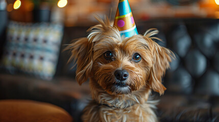 Fluffy dog with birthday cap