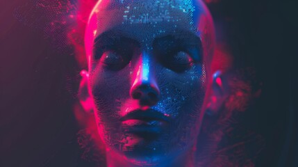 3d rendering of a female head made of wireframe with neon lights