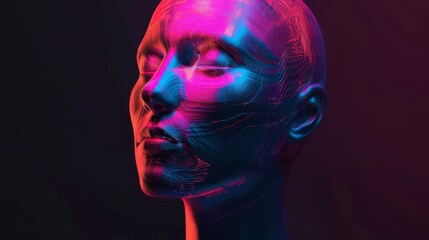3d rendering of a female head made of wireframe with neon lights