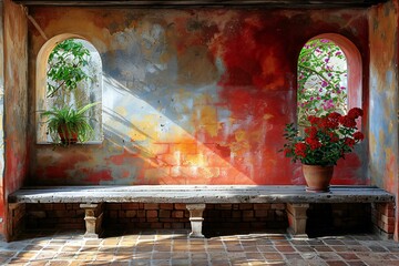 Old window with red wall and flower in vase on the bench