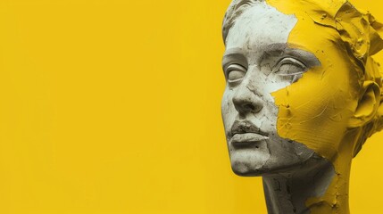 Modern art collage with plaster head  statue  and portrait on yellow background.