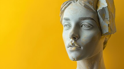 Modern art collage with plaster head  statue  and portrait on yellow background.