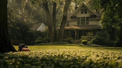 a well-maintained lawn in front of a middle-class house, where a sleek lawnmower stands ready, hinting at the pride of homeownership and meticulous upkeep.