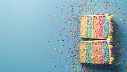 Cake with colorful icing sprinkles and blue background