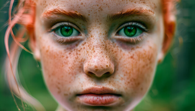 red-haired freckled girl with green eyes looking at the camera