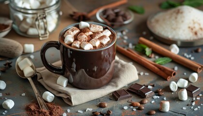 A mug of hot chocolate with marshmallows is on the table alongside a spread of chocolate coffee nuts mint petals sugar a spoon cinnamon and a ladle in a glass - Powered by Adobe